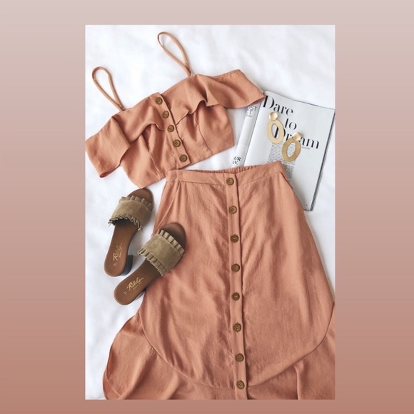 Lulu’s 2 Piece Malta Mauve Pink Off the Shoulder Button Up Skirt Set- M - Picture 5 of 10